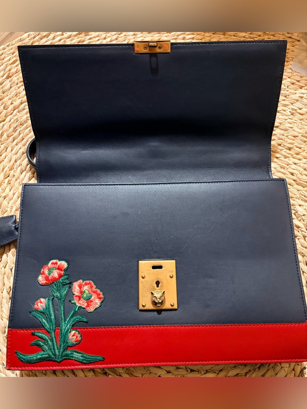 Gucci Blue Leather Striped Embroidered Riche Shoulder Bag - Picture 12 of 16